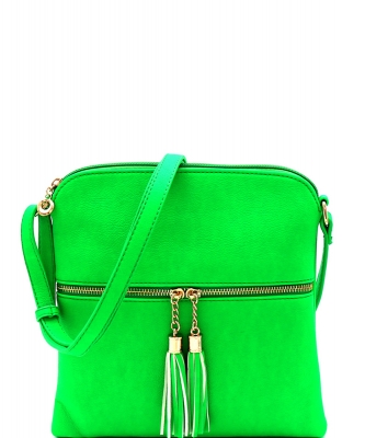 Tassel Zipper Pocket Accent Crossbody Messenger bag LP062 NGREEN